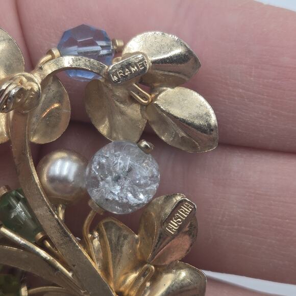 Vintage KRAMER AUSTRIA Signed Uranium Floral Bouquet Brooch Gold Tone Pastel - Picture 4 of 6